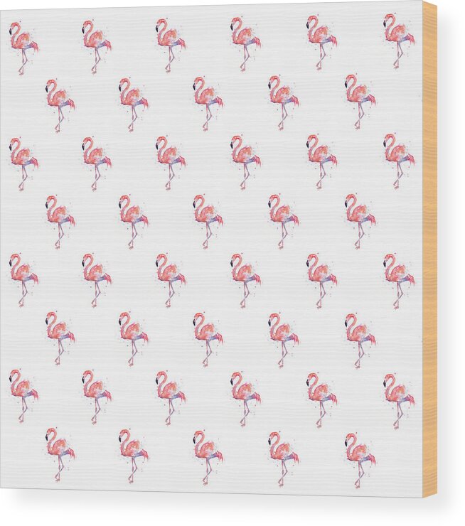 Pink Wood Print featuring the painting Pink Flamingo Watercolor Pattern by Olga Shvartsur