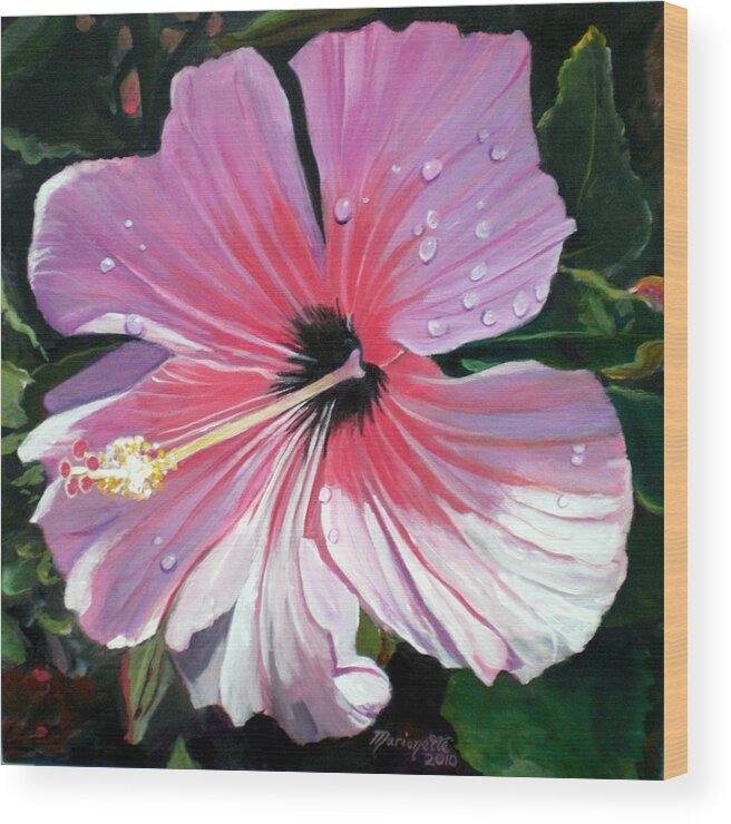 Pink Wood Print featuring the painting Pink Hibiscus with Raindrops by Marionette Taboniar