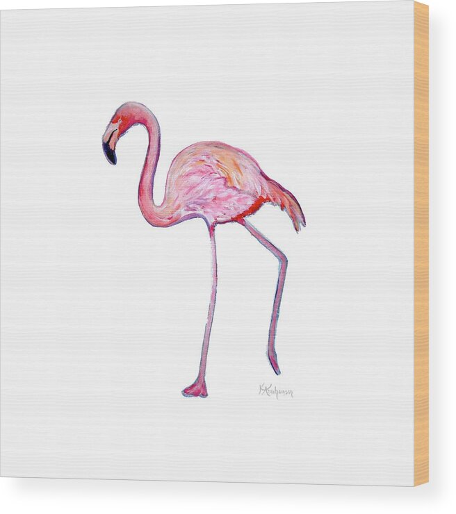 Pink Flamingo Wood Print featuring the painting Pinky the Flamingo by Kristen Abrahamson
