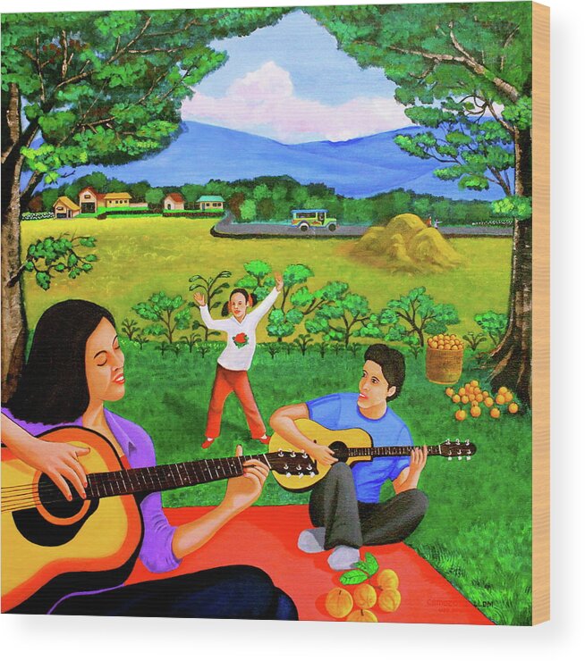 All Products Wood Print featuring the painting Playing Melodies Under the Shade of Trees by Lorna Maza