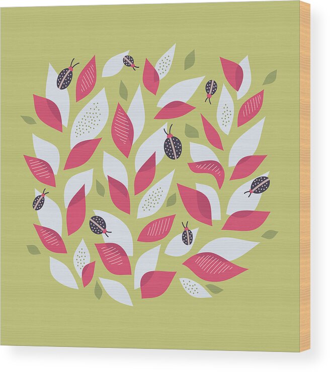 Abstract Wood Print featuring the digital art Pretty Plant With White Pink Leaves And Ladybugs by Boriana Giormova