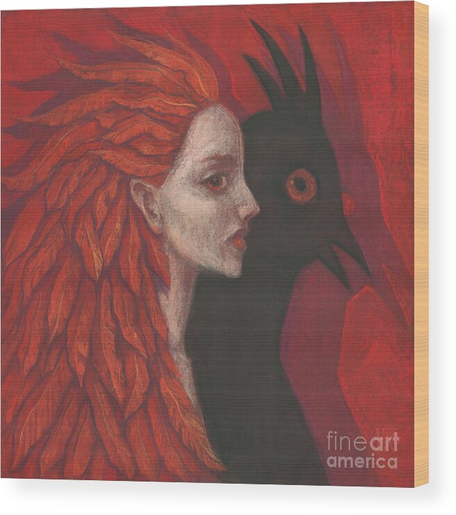 Red Scarlet Orange Wood Print featuring the pastel Psychopomp by Julia Khoroshikh