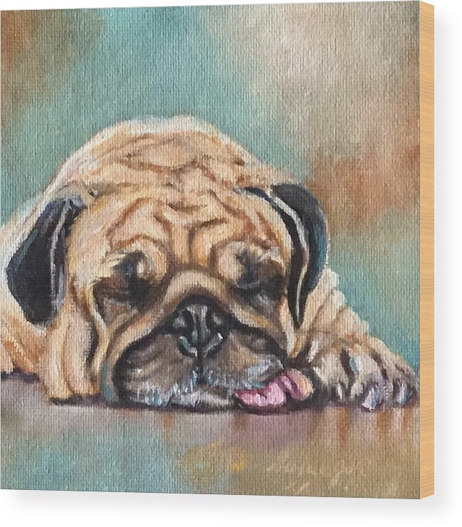 Pug 6 X 6 Oil Painting On Canvas Bonded On A 1.5 Depth Cradle Panel. Ready To Hang. Wood Print featuring the painting Pug by Susan Goh