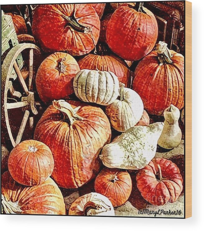 Mix Media Wood Print featuring the mixed media Pumpkins In The Barn by MaryLee Parker