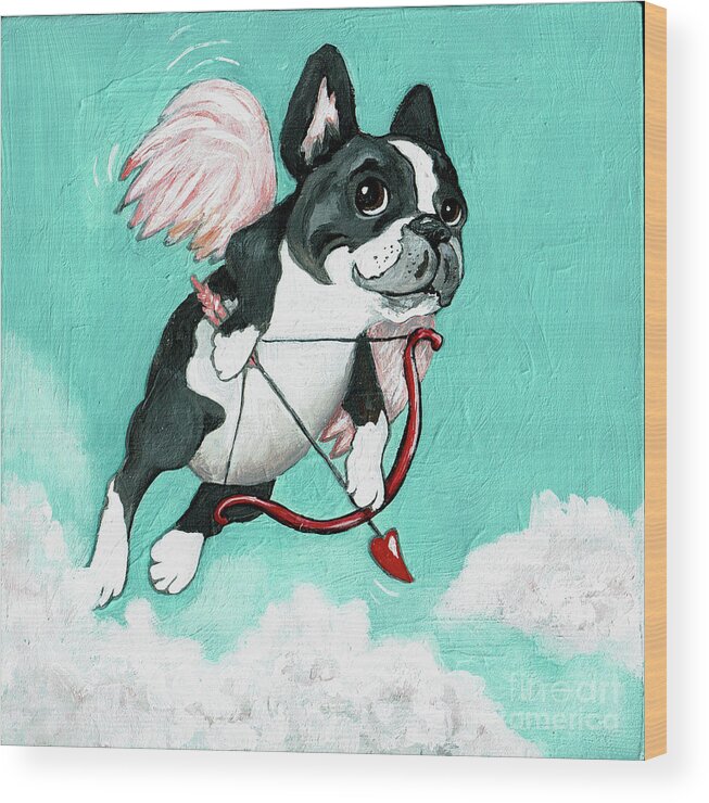Boston Terrier Wood Print featuring the painting Puppy Love by Robin Wiesneth