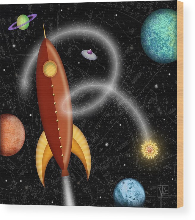 Rocket Wood Print featuring the digital art R is for Rocket by Valerie Drake Lesiak