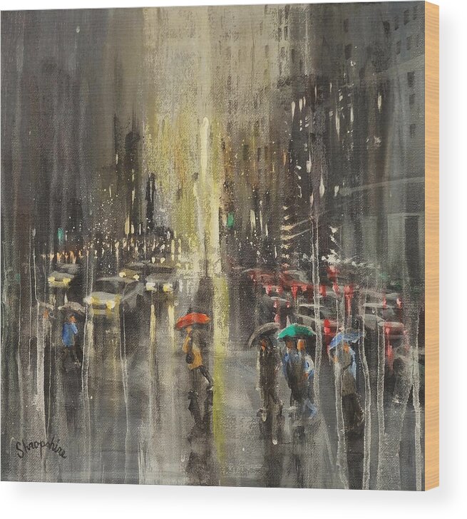 Milwaukee Wood Print featuring the painting Rain On Wisconsin Avenue by Tom Shropshire