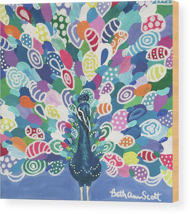 Bird Wood Print featuring the painting Rainbow Peacock by Beth Ann Scott