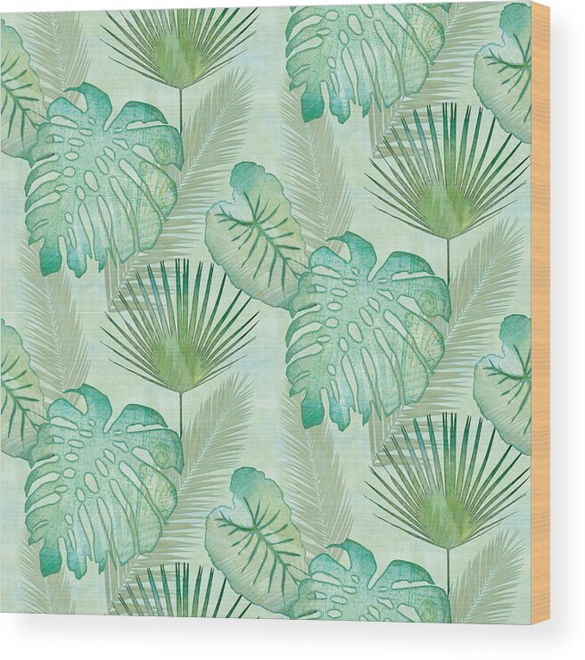 Rain Wood Print featuring the painting Rainforest Tropical - Elephant Ear and Fan Palm Leaves Repeat Pattern by Audrey Jeanne Roberts