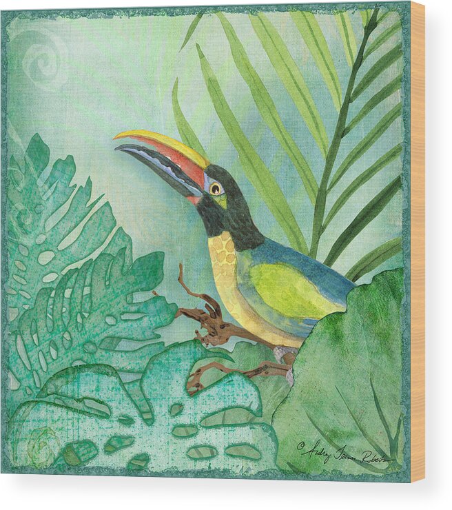 Square Format Wood Print featuring the painting Rainforest Tropical - Jungle Toucan w Philodendron Elephant Ear and Palm Leaves 2 by Audrey Jeanne Roberts