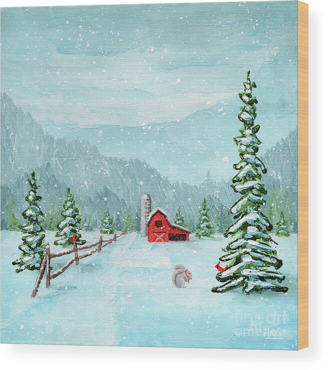Red Barn Wood Print featuring the painting Red Barn in the Snow by Annie Troe