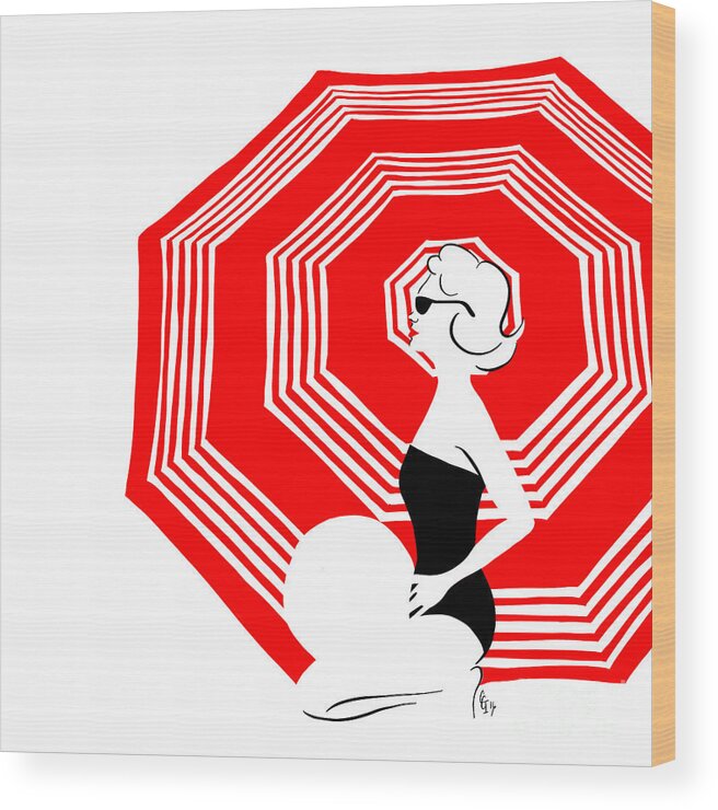 Retro Wood Print featuring the digital art Red beach umbrella by Cindy Garber Iverson