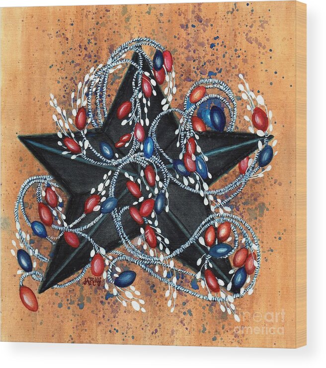 Star Wood Print featuring the painting Red Berries De vine - Black Star by Janine Riley