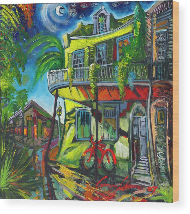 New Orleans Wood Print featuring the painting Red Bike On Royal by Amzie Adams