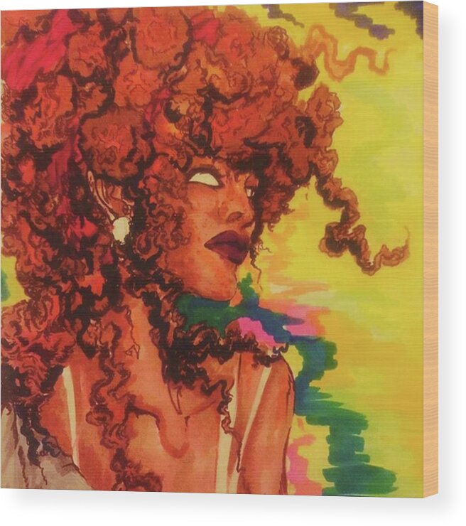 Black Woman Magic Wood Print featuring the drawing Red Dawn by Vanessa Harrison