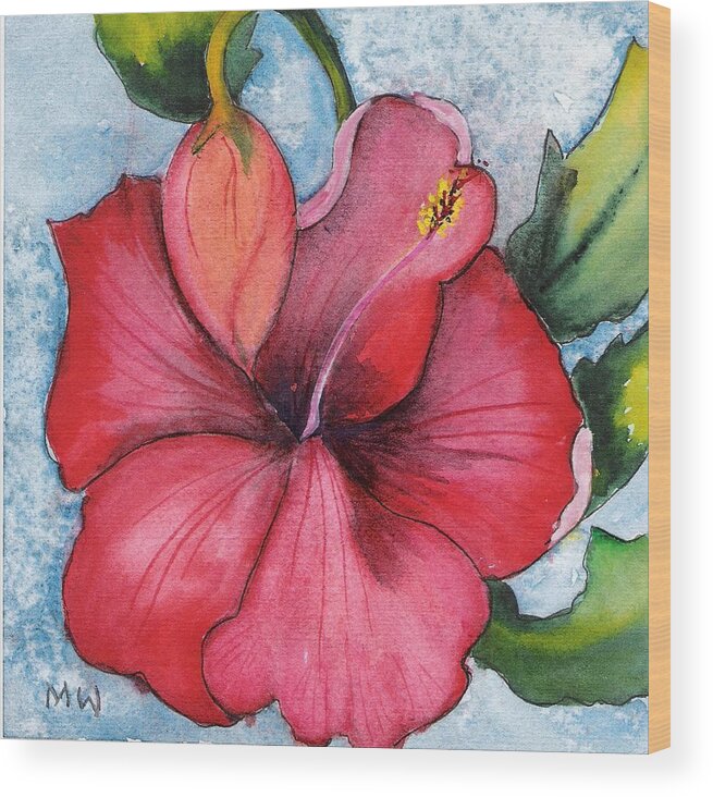 Red Flower Hibiscus Watercolor Painting Floral Wood Print featuring the painting Red Flower by Marsha Woods