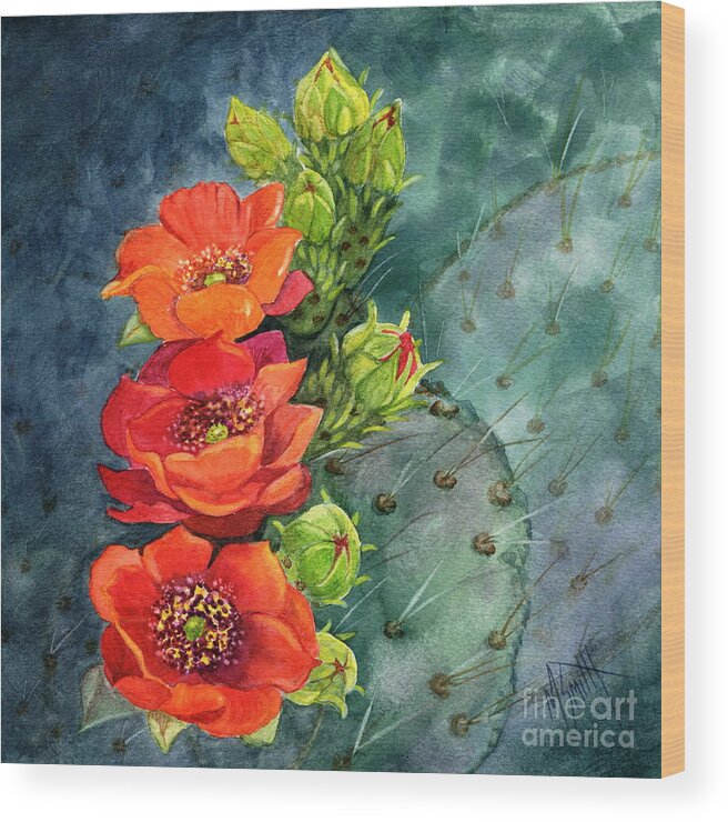 Prickly Pear Wood Print featuring the painting Red Flowering Prickly Pear Cactus by Marilyn Smith