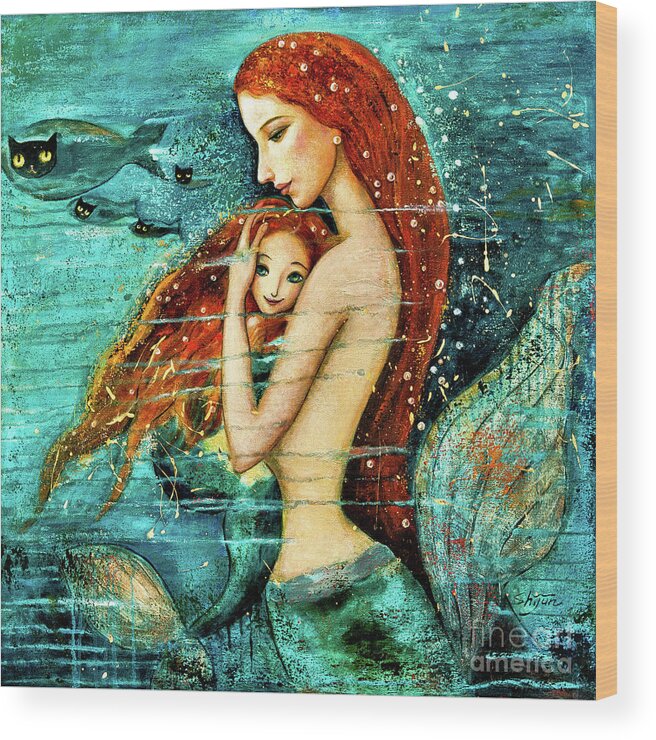 Mermaid Art Wood Print featuring the painting Red Hair Mermaid Mother and Child by Shijun Munns