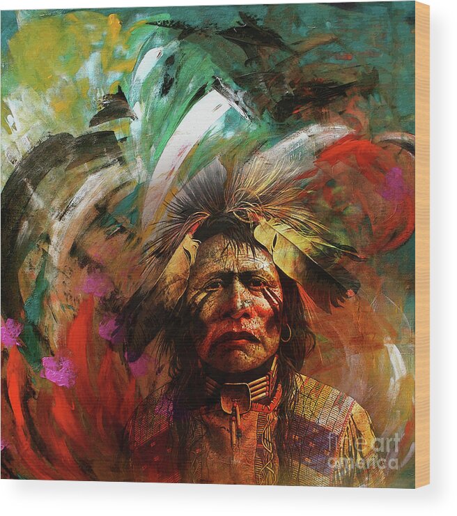 Native American Wood Print featuring the painting Red Indians 02 by Gull G
