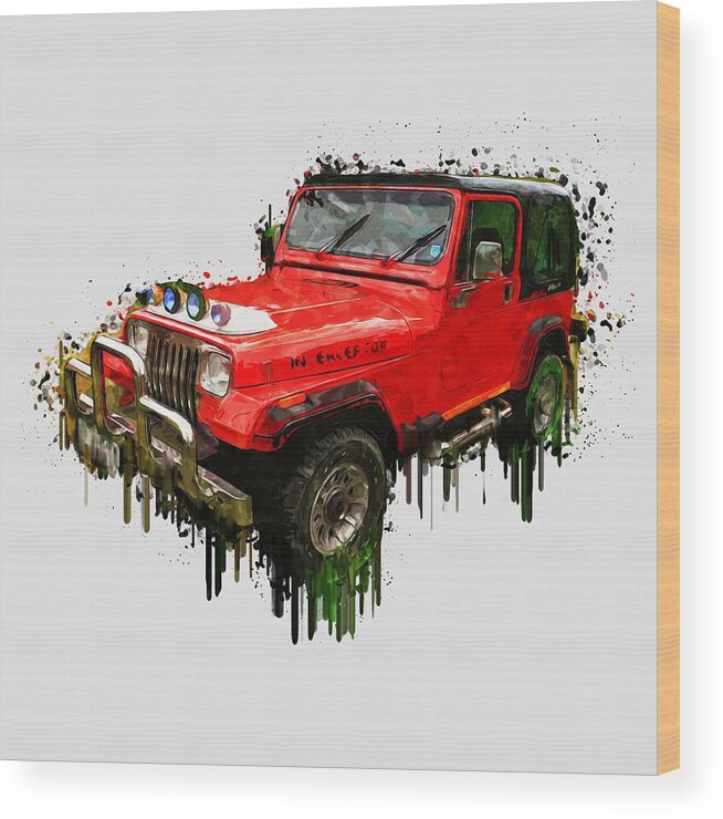 Red Jeep Off Road Wood Print featuring the painting Red Jeep Off Road acrylic painting by Georgeta Blanaru