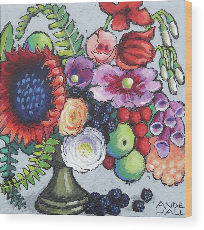 Red Sunflower Wood Print featuring the painting Red Sunflower Party by Ande Hall