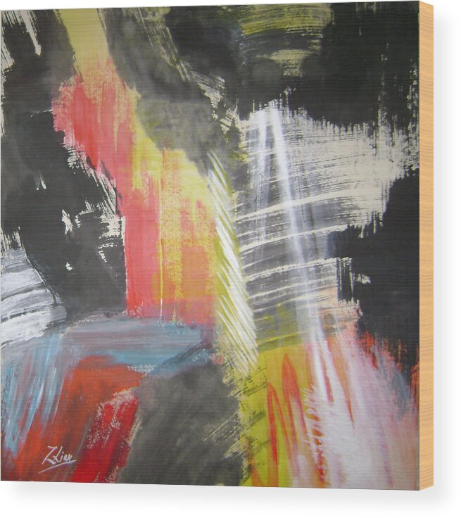 Abstract Wood Print featuring the mixed media Red Waterfalls by Lian Zhen