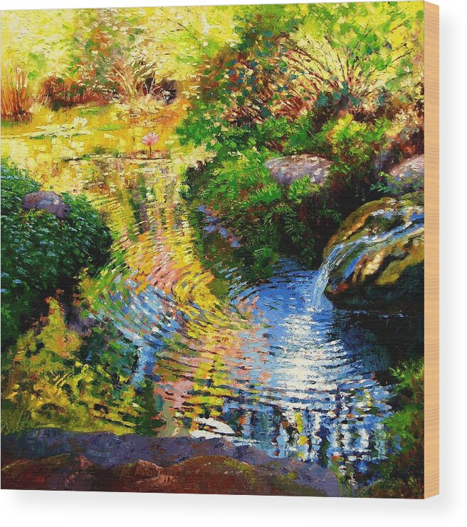 Autumn Pond Wood Print featuring the painting Ripples on a Quiet Pond by John Lautermilch