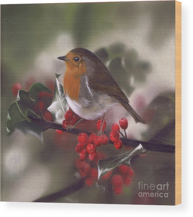 Robin Wood Print featuring the pastel Robin and Berries by Karie-ann Cooper