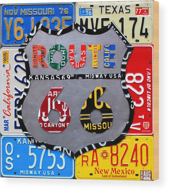 Route 66 Highway Road Sign License Plate Art Travel License Plate Map Wood Print featuring the mixed media Route 66 Highway Road Sign License Plate Art by Design Turnpike
