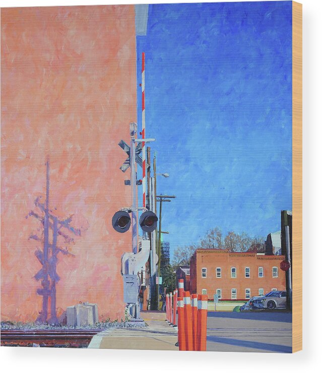 Pink Warehouse Wood Print featuring the painting RR Crossing at the Pink Warehouse by Edward Thomas