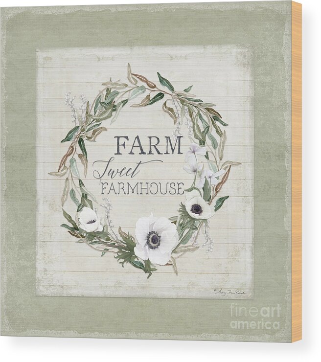  Wood Print featuring the painting Rustic Farm Sweet Farmhouse Shiplap Wood Boho Eucalyptus Wreath N Anemone Floral by Audrey Jeanne Roberts