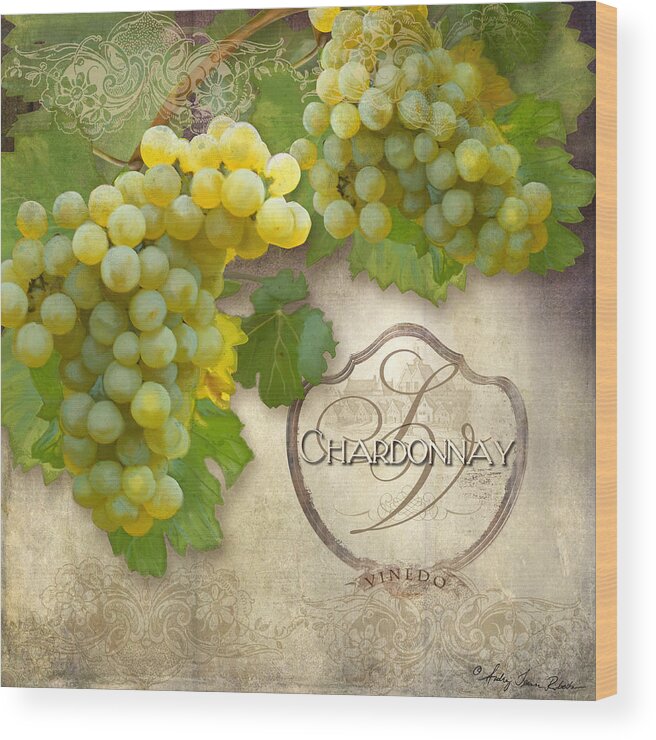 Chardonnay Wood Print featuring the painting Rustic Vineyard - Chardonnay White Wine Grapes Vintage Style by Audrey Jeanne Roberts