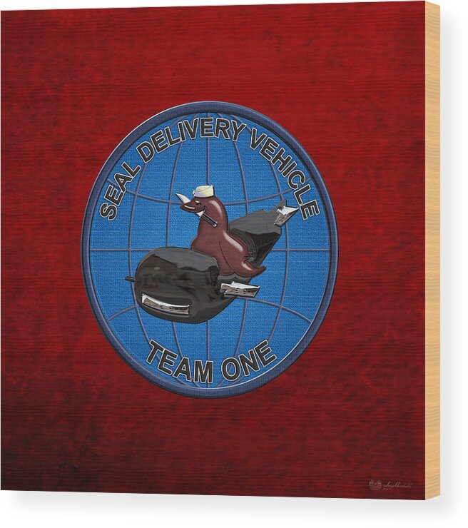 'military Insignia & Heraldry - Nswc' Collection By Serge Averbukh Wood Print featuring the digital art S E A L Delivery Vehicle Team One - S D V T 1 Patch over Red Velvet by Serge Averbukh