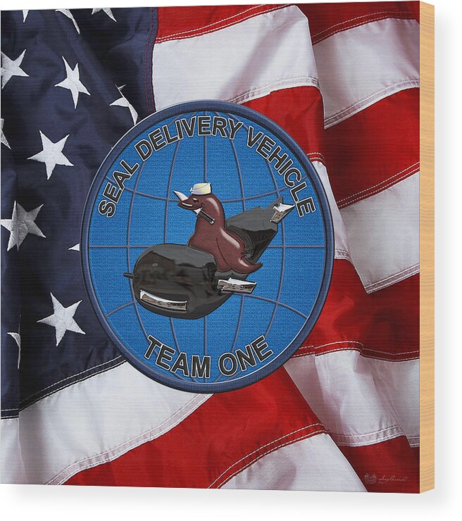 'military Insignia & Heraldry - Nswc' Collection By Serge Averbukh Wood Print featuring the digital art S E A L Delivery Vehicle Team One - S D V T 1 Patch over U. S. Flag by Serge Averbukh