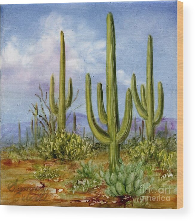 Southwest Wood Print featuring the painting Saguaro Scene 1 by Summer Celeste