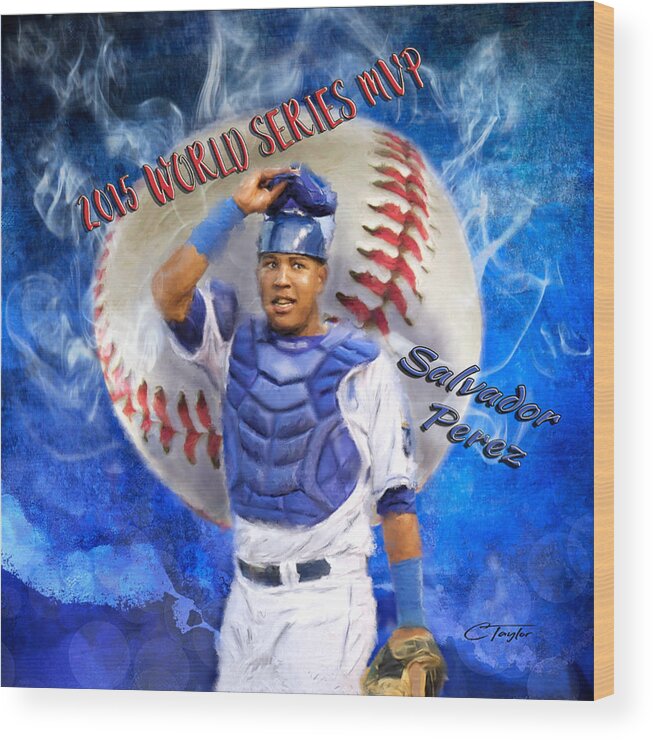 Salvie Wood Print featuring the painting Salvador Perez 2015 World Series MVP by Colleen Taylor