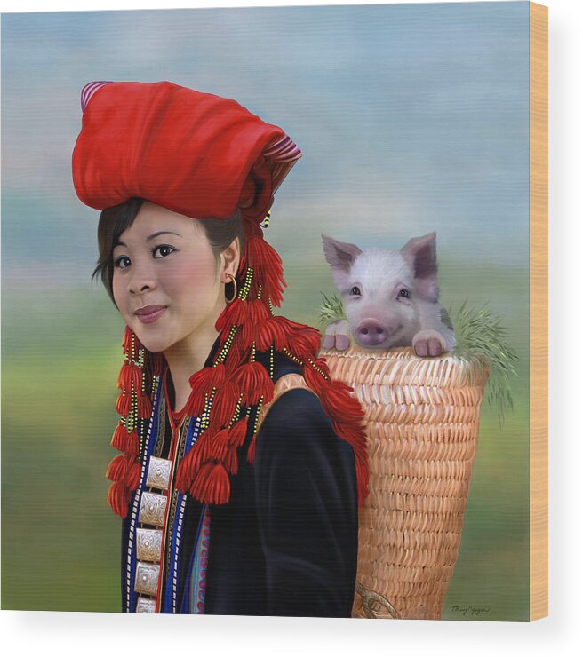 Girl Wood Print featuring the digital art Sapa girl and her pig by Thanh Thuy Nguyen