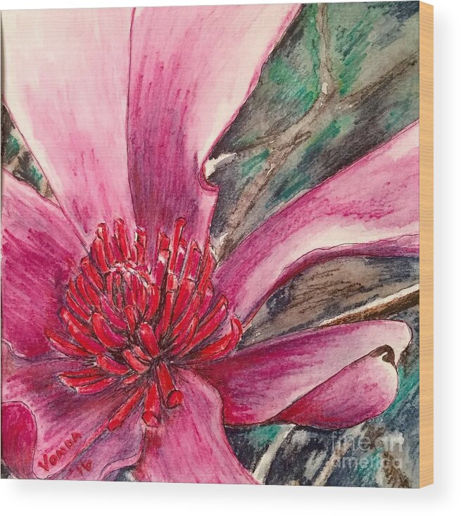 Macro Wood Print featuring the drawing Saucy Magnolia by Vonda Lawson-Rosa