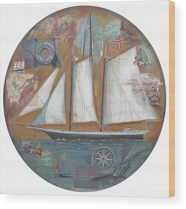 Nautical Wood Print featuring the mixed media Schooner Grace Bailey by Leigh Banks