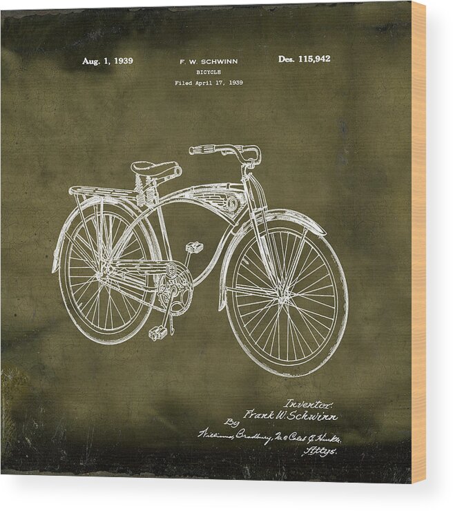 Schwinn Wood Print featuring the photograph Schwinn Bicycle 1939 Patent Grunge by Bill Cannon