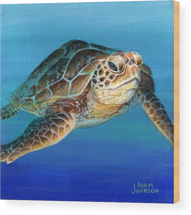 Sea Wood Print featuring the painting Sea Turtle 1 of 3 by Adam Johnson