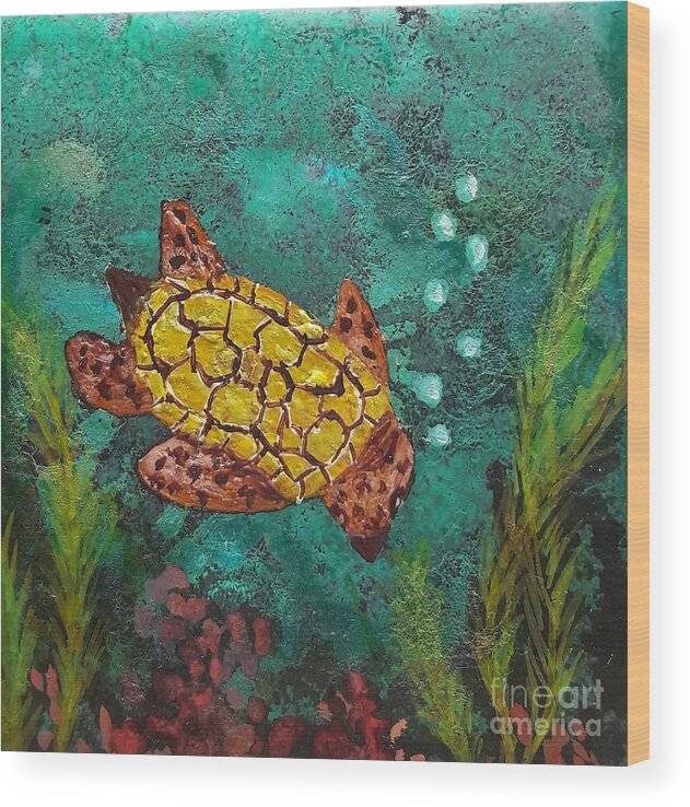 Alcohol Wood Print featuring the painting Sea Turtle by Terri Mills