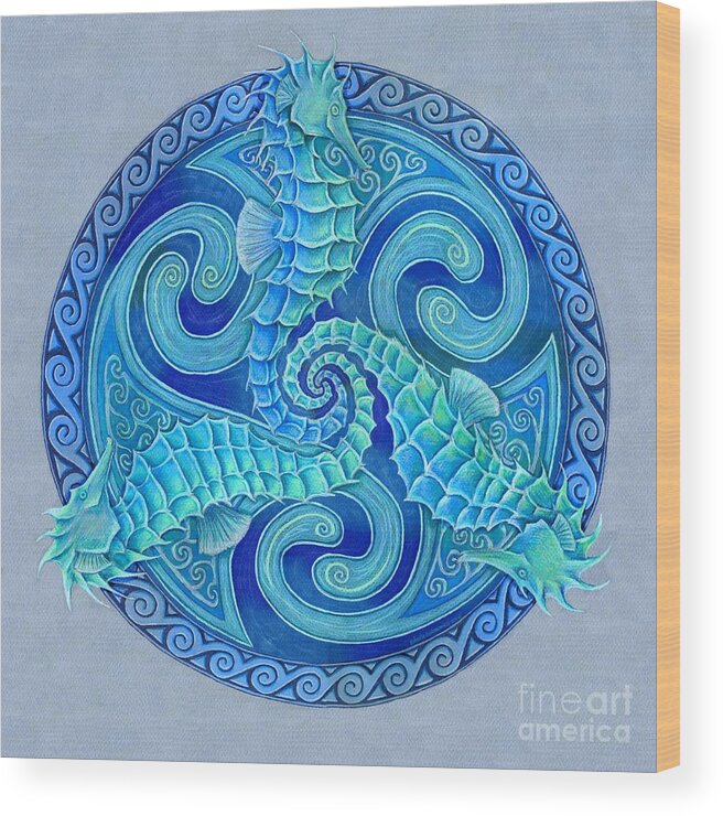 Seahorse Wood Print featuring the drawing Seahorse Triskele by Rebecca Wang