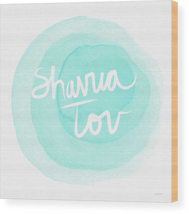 Shavua Tov Wood Print featuring the painting Shavua Tov Blue and White- Art by Linda Woods by Linda Woods