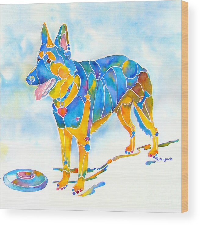 Frisbee Wood Print featuring the painting Shepherd with Frisbee - Play with Me by Jo Lynch