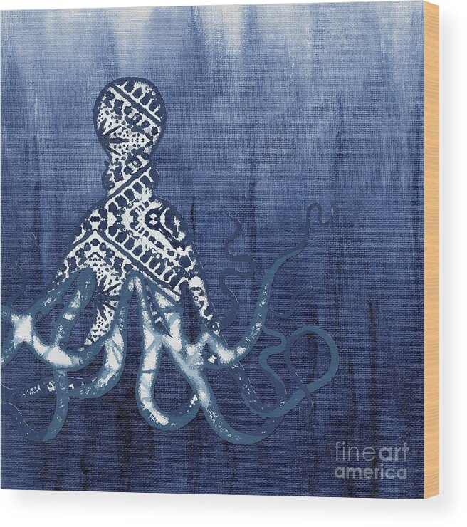 Octopus Wood Print featuring the painting Shibori Blue 2 - Patterned Octopus over Indigo Ombre Wash by Audrey Jeanne Roberts