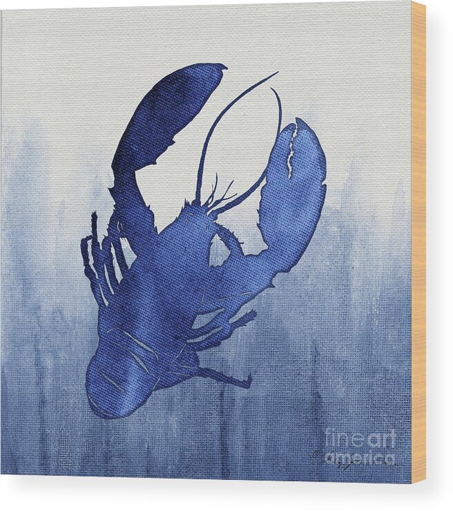 Lobster Wood Print featuring the painting Shibori Blue 3 - Lobster over Indigo Ombre Wash by Audrey Jeanne Roberts