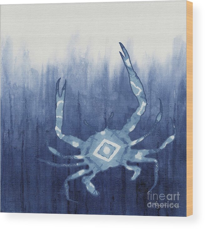 Blue Crab Wood Print featuring the painting Shibori Blue 4 - Patterned Blue Crab over Indigo Ombre Wash by Audrey Jeanne Roberts