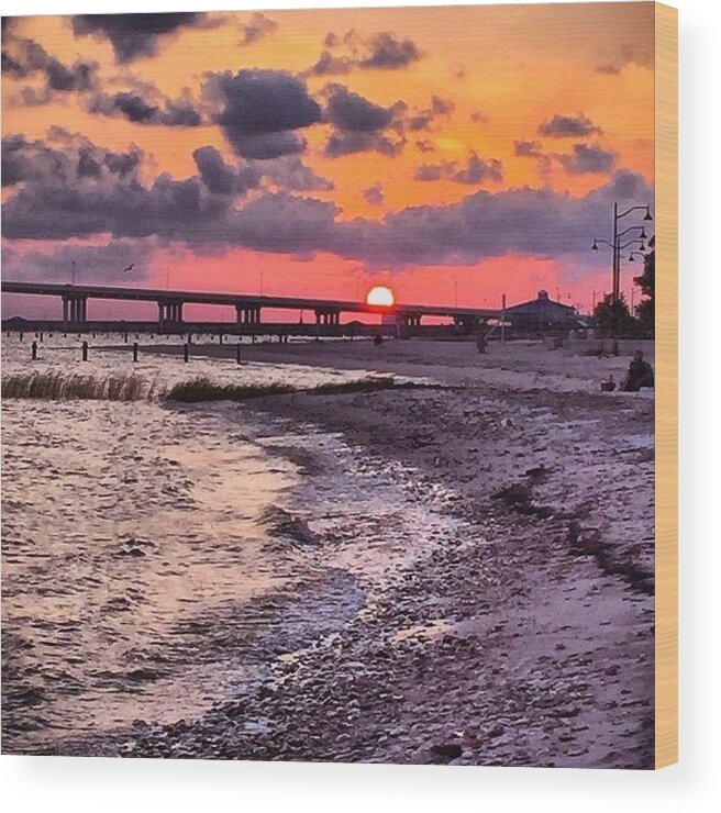 Bridge Wood Print featuring the photograph Shoreline Sunset #sunset #beach #water by Joan McCool
