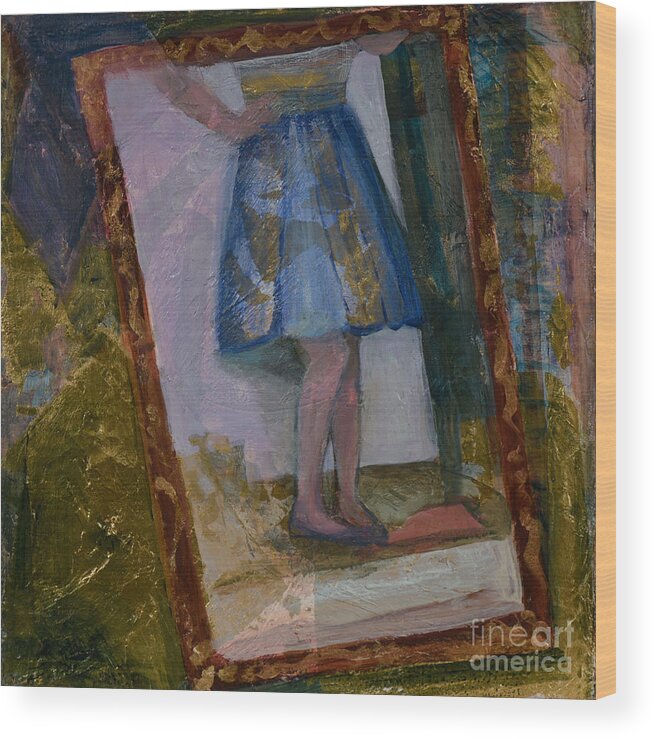 Blue Dress Wood Print featuring the mixed media Shy Reflection by Carol Oufnac Mahan